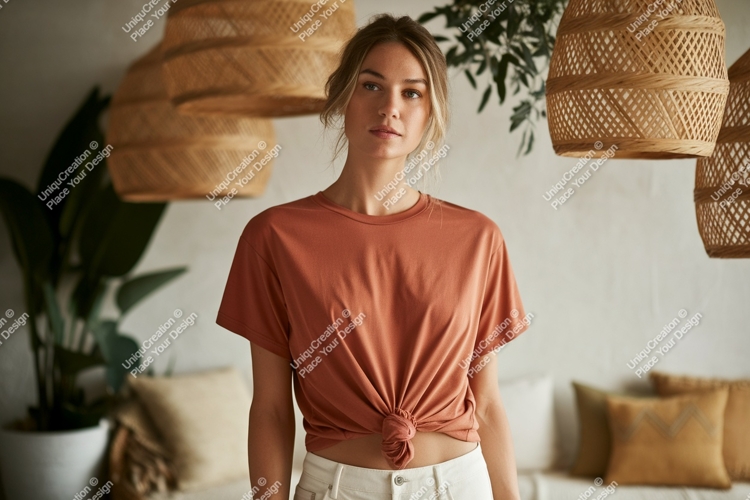 Woman wearing terracotta t shirt mockup image