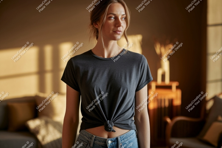 Woman wearing dark grey t shirt tied at waist