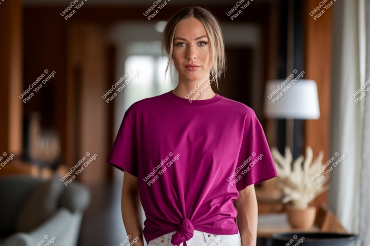Woman wearing magenta t shirt mockup