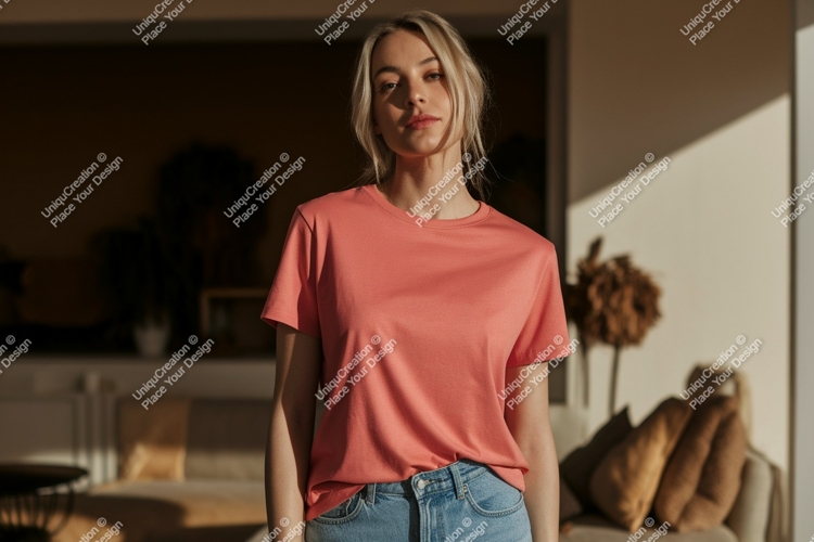 Woman wearing coral t shirt and denim image