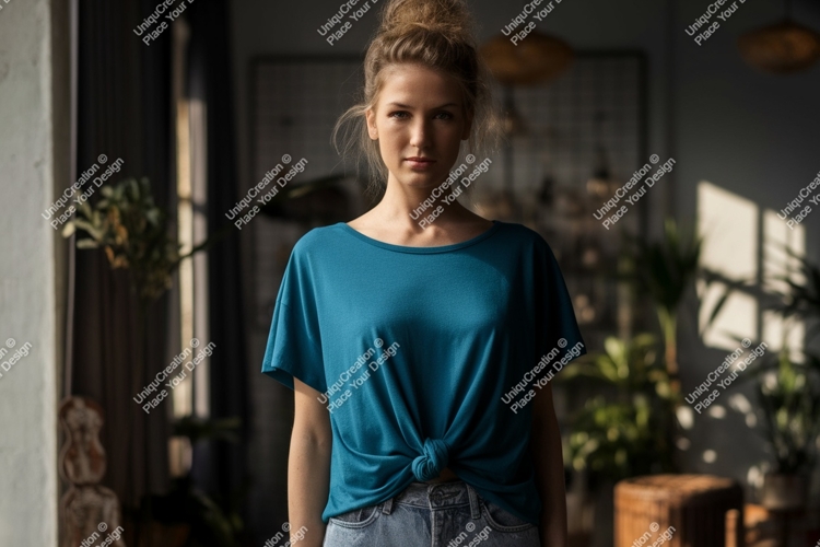 Woman wearing teal knotted t shirt image