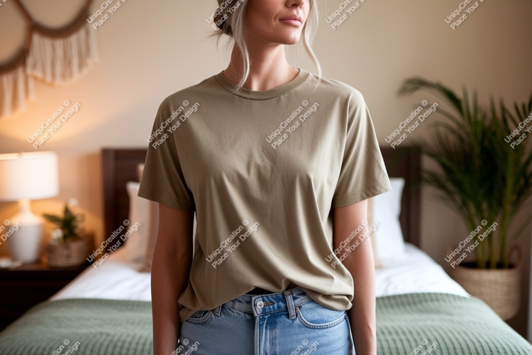 Woman wearing plain olive green t shirt image