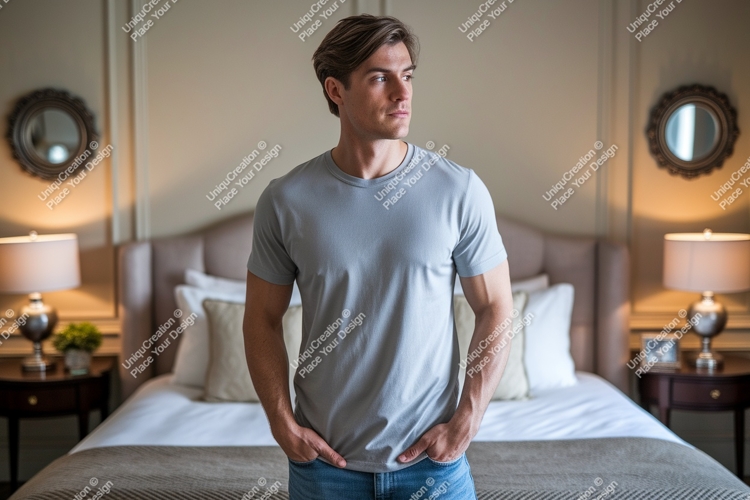 Man wearing grey t-shirt in bedroom