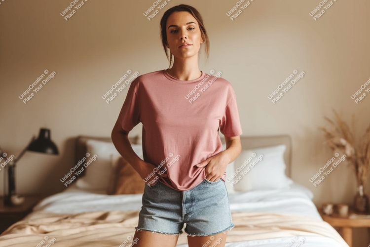 Woman wearing pink t shirt and denim shorts image