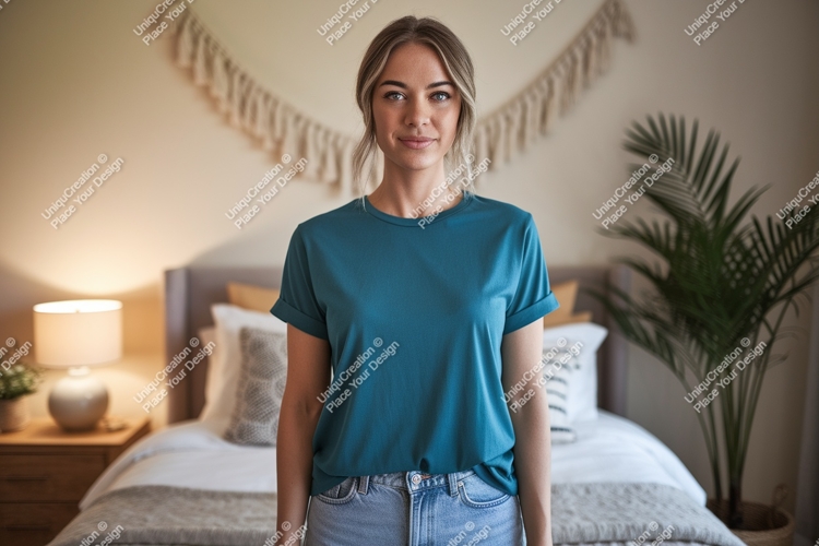 Woman wearing teal t shirt and jeans image