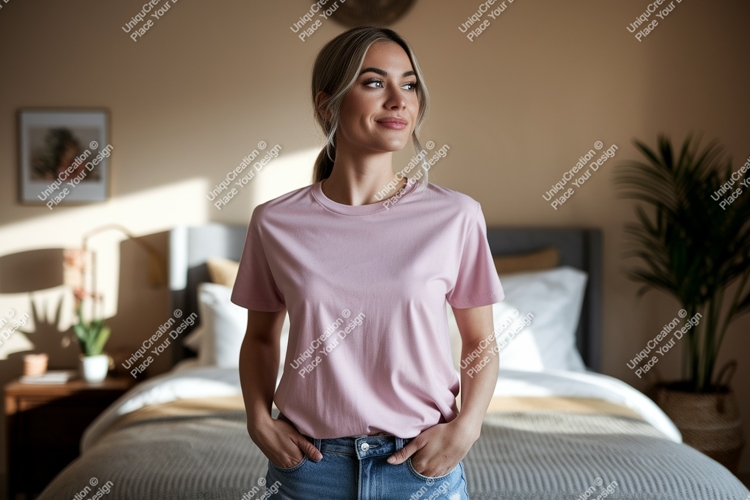 Woman wearing pink t-shirt and jeans