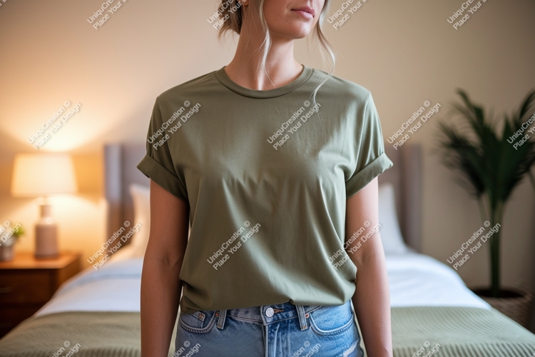 Woman wearing olive green t shirt and denim jeans image