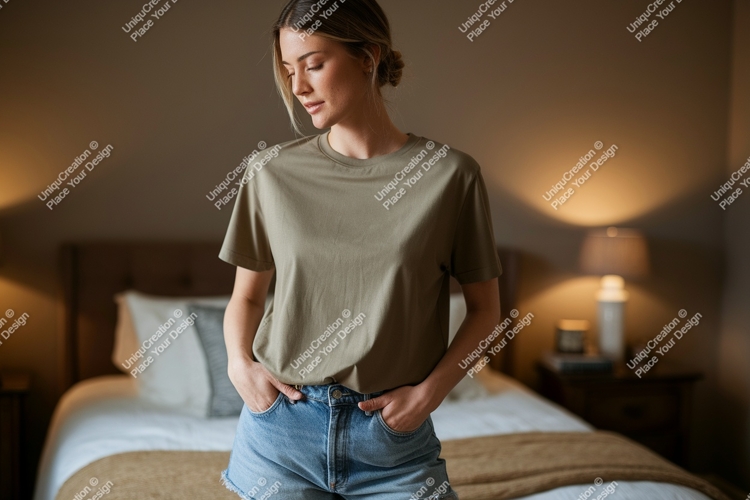 Woman wearing olive green t shirt and denim shorts