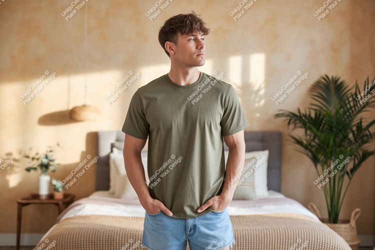 Man wearing olive green t shirt and denim shorts image