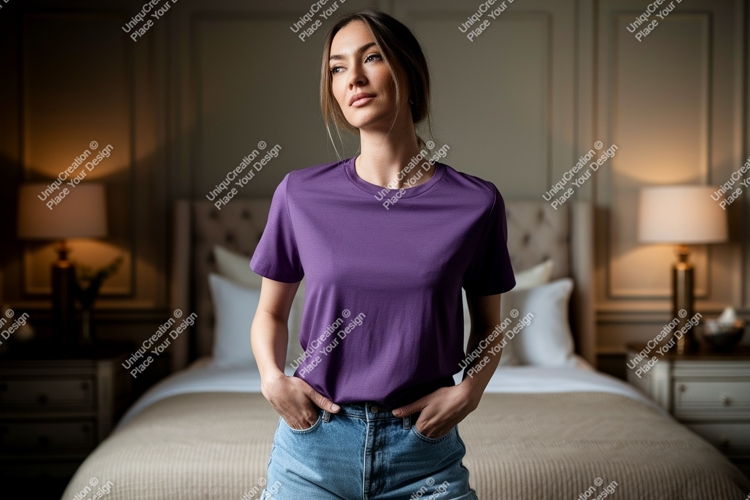 Woman wearing purple t shirt and denim shorts image