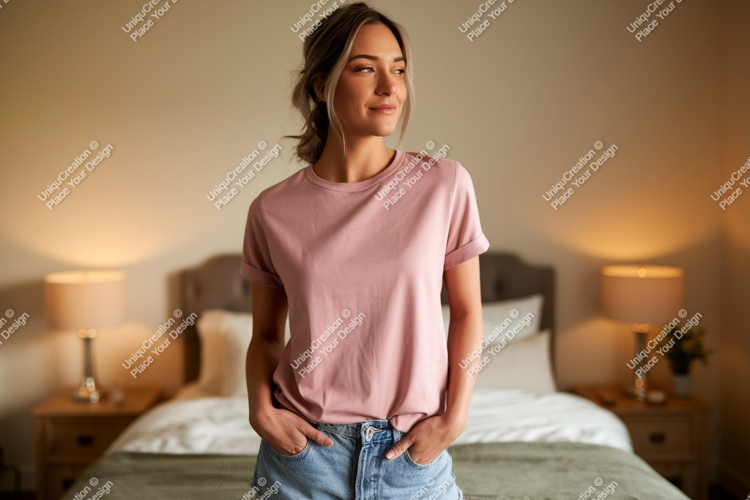 Woman wearing pink t shirt and denim shorts t-shirt