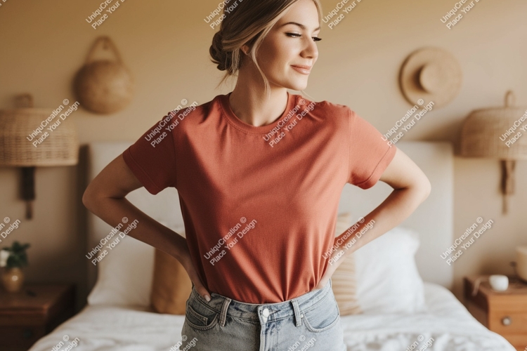 Woman wearing terracotta t shirt and denim jeans