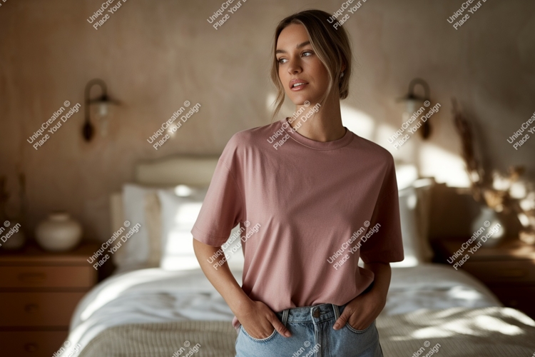 Woman wearing pink t-shirt and jeans mockup