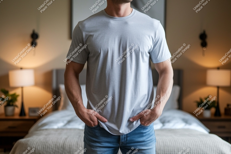 Man wearing grey t shirt and blue jeans image