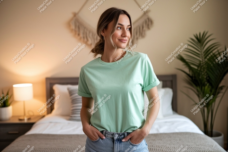 Woman wearing mint green t shirt mockup image