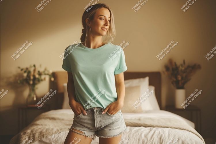 Woman wearing casual t shirt and denim shorts t-shirt