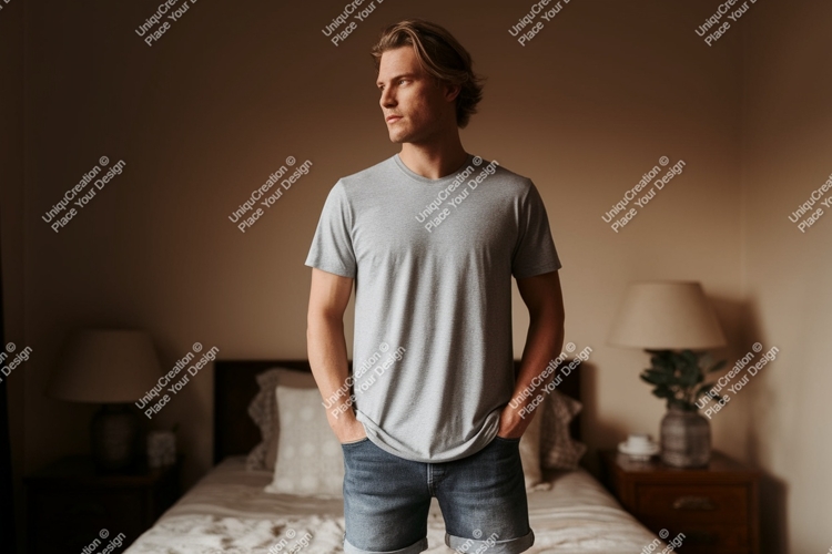 Man wearing grey t shirt and denim shorts