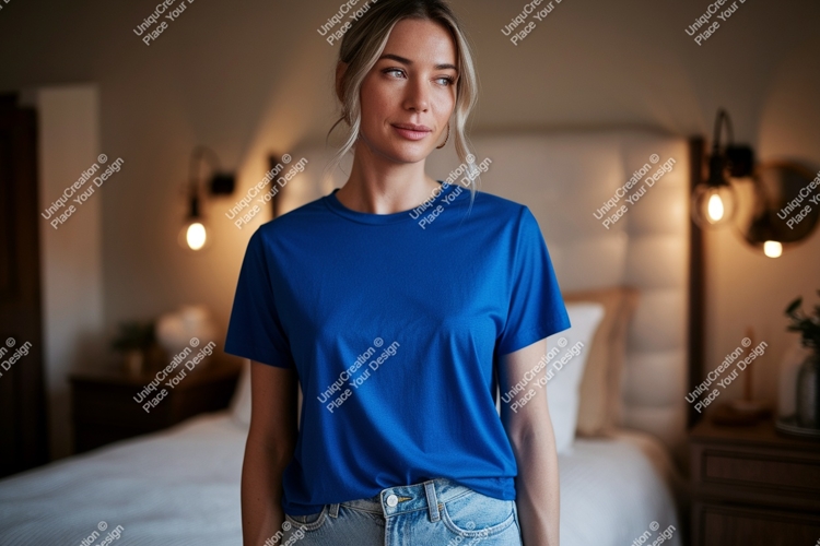 Woman wearing blue t shirt in bedroom mockup