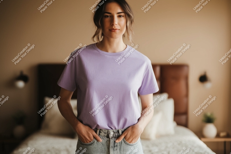 Woman wearing lavender t shirt and jeans image