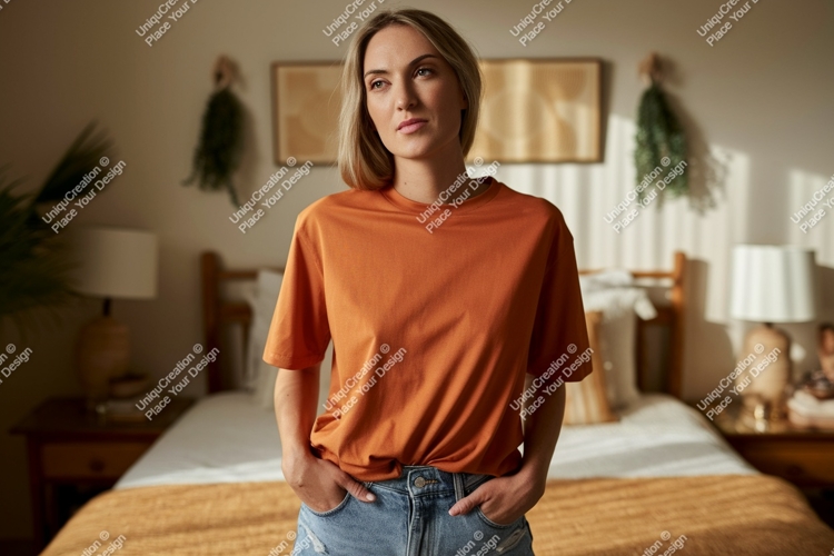 Woman wearing orange t shirt and jeans image