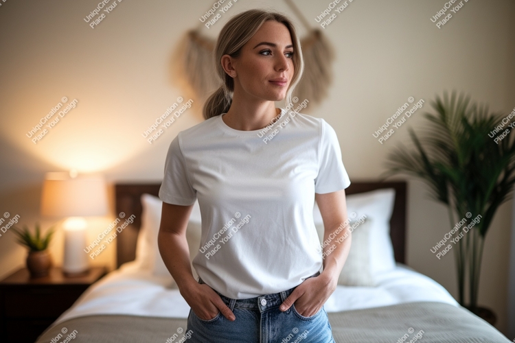 Woman wearing white t shirt and denim shorts t-shirt