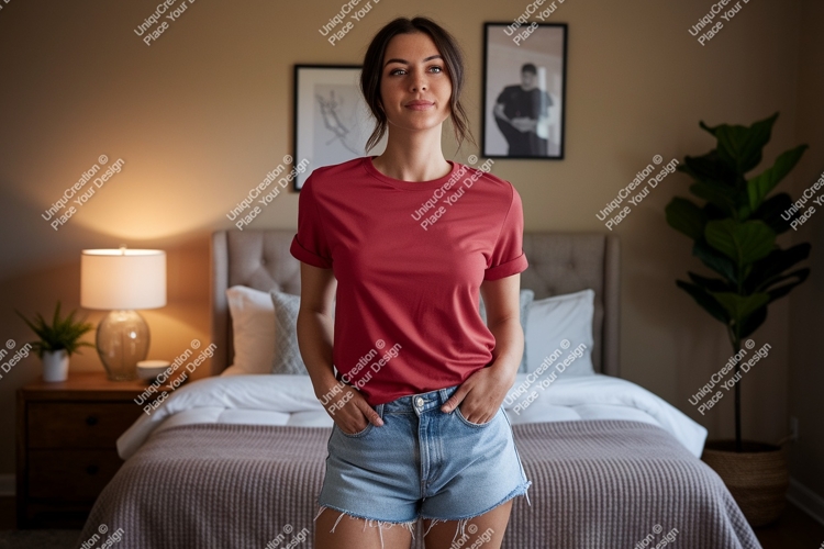 Woman wearing red t shirt and denim shorts t-shirt