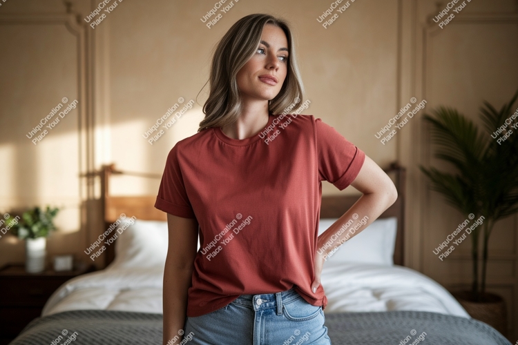 Woman wearing terracotta t-shirt and jeans casual