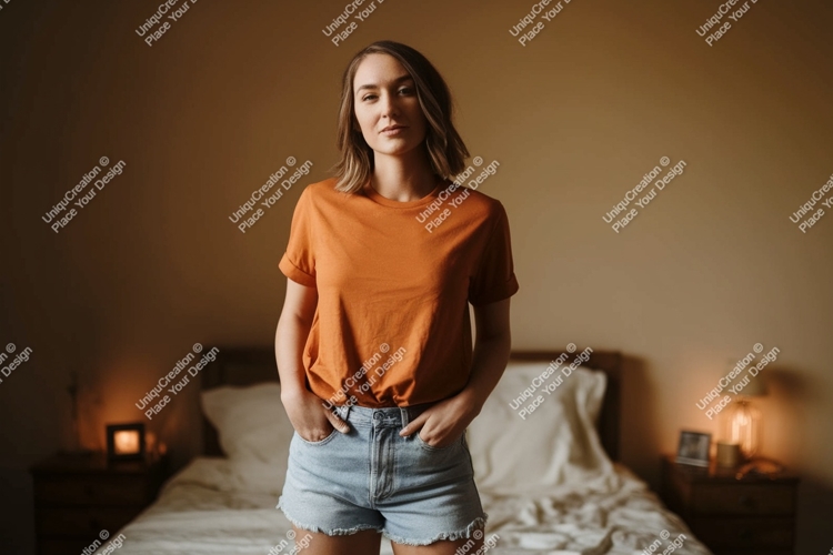 Woman wearing orange t shirt denim shorts image
