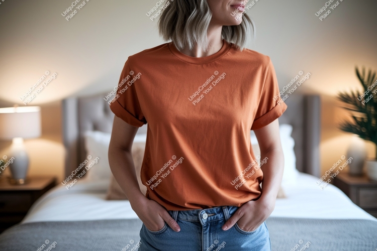 Woman wearing orange t shirt and jeans image