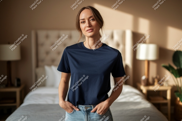 Woman wearing navy blue t shirt image