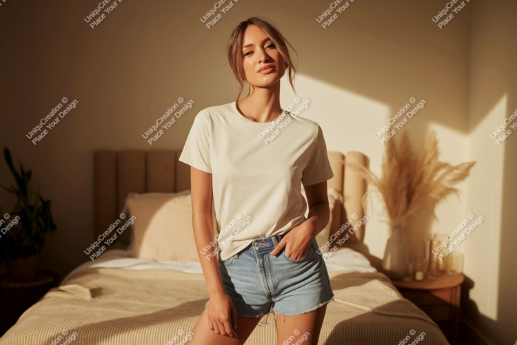 Woman wearing plain t shirt and denim shorts image