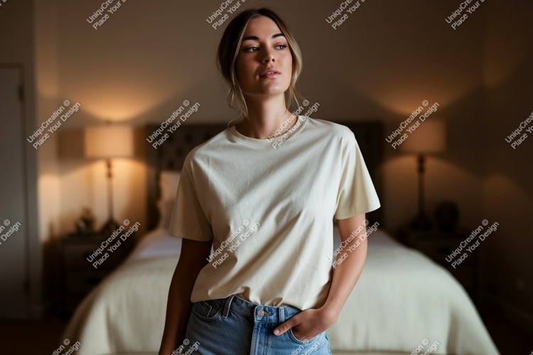 Woman wearing cream t shirt and denim shorts image