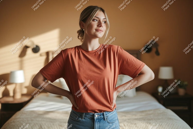 Woman wearing terracotta t shirt and jeans t-shirt