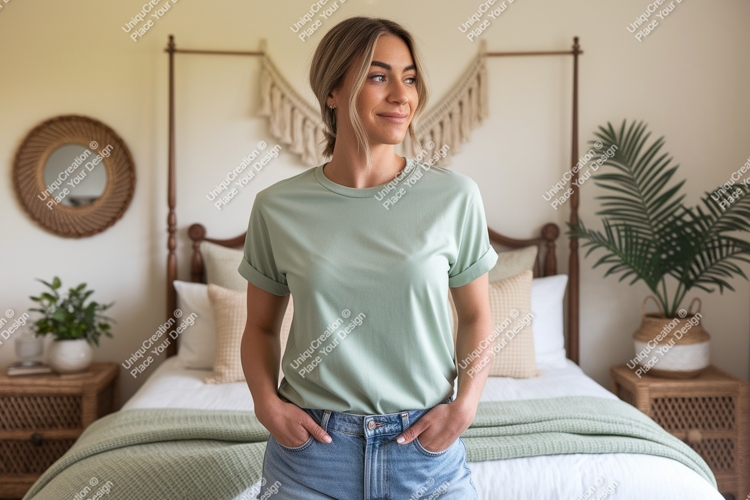 Woman wearing sage green t shirt and denim shorts t-shirt