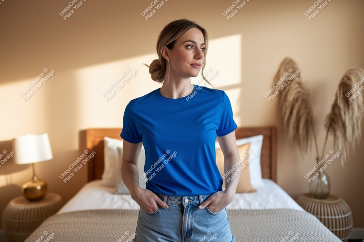 Woman wearing blue t shirt and denim shorts image