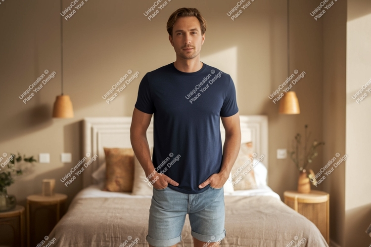 Man wearing dark blue t shirt and denim shorts image