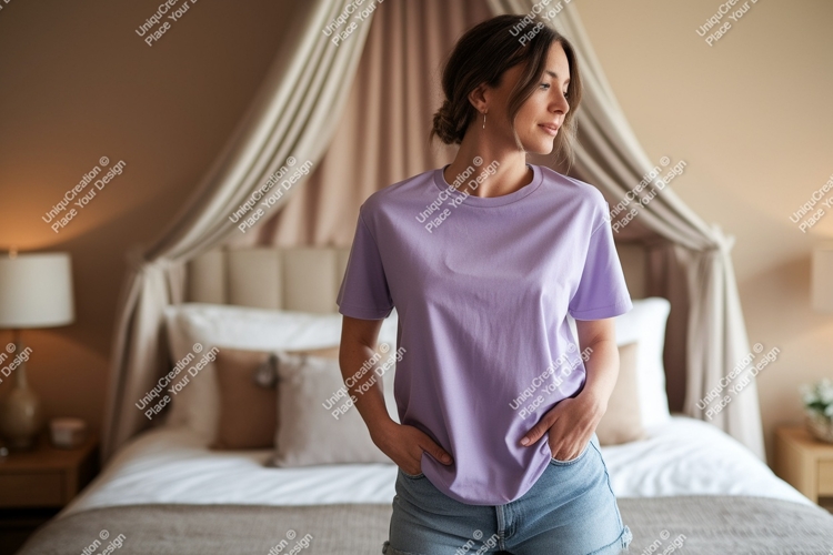 Woman wearing lavender t shirt and denim shorts image