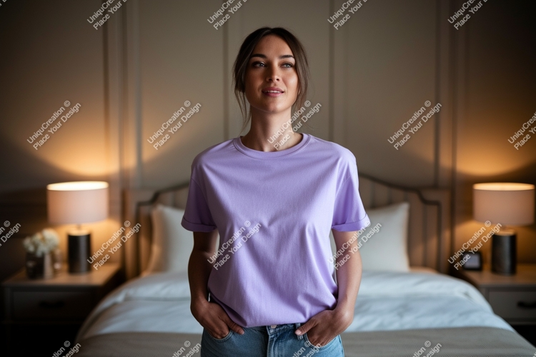 Woman wearing lavender t shirt and jeans image