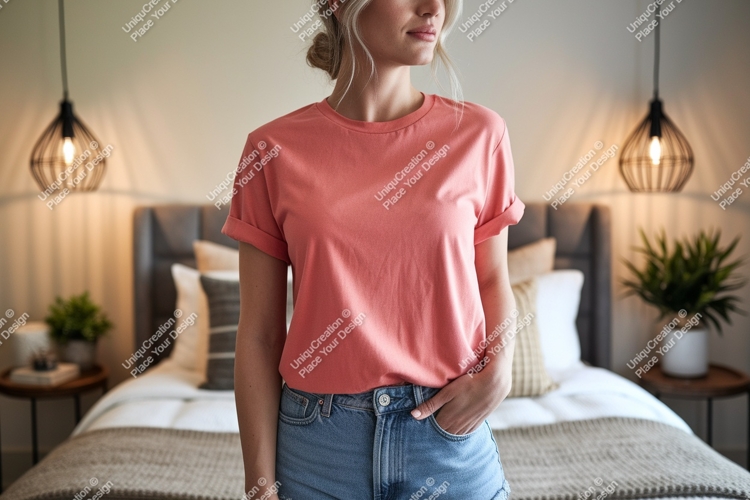 Coral T Shirt Mockup With Denim Shorts t-shirt woman