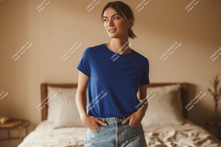 Woman wearing blue t shirt and denim jeans t-shirt