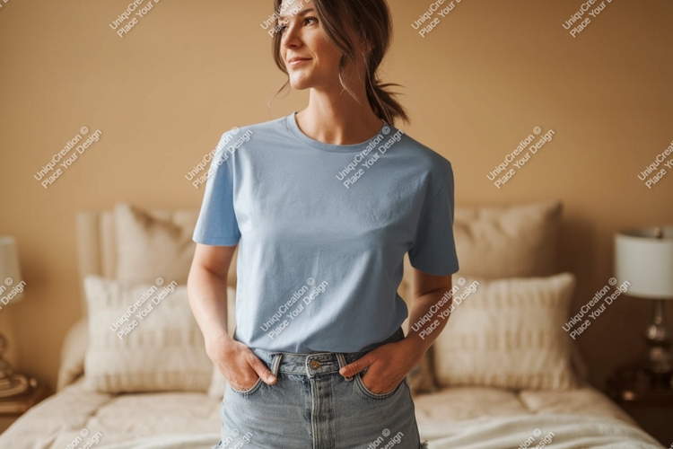 Woman wearing blue t shirt and denim shorts image
