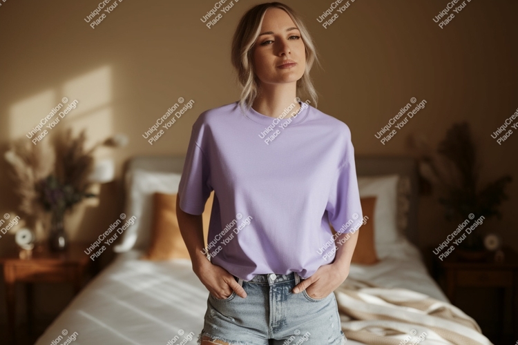 Woman wearing lavender t shirt and denim shorts image