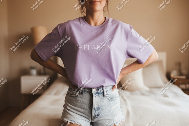 Lavender tee denim shorts mockup image