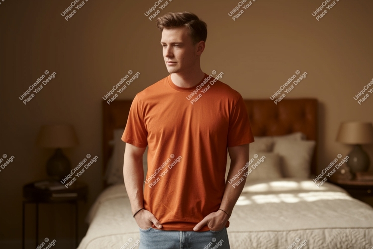 Man wearing orange t shirt indoors mockup