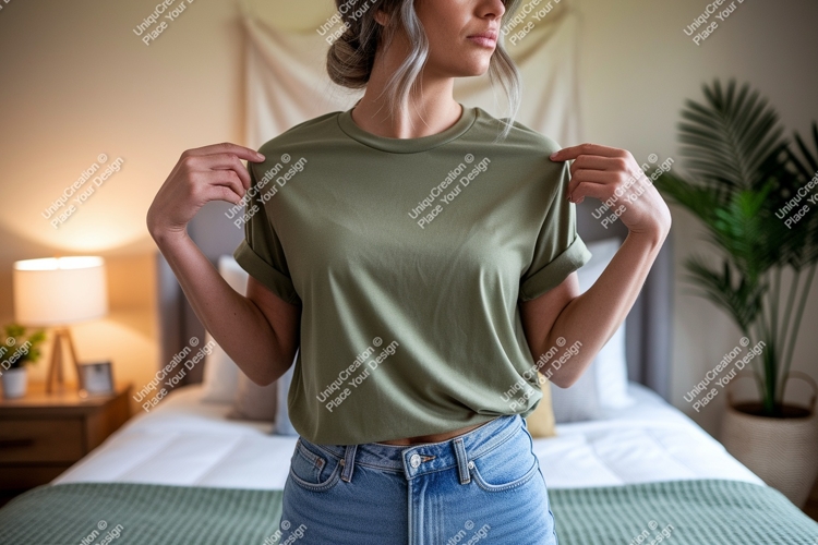 Woman wearing olive green t shirt mockup image