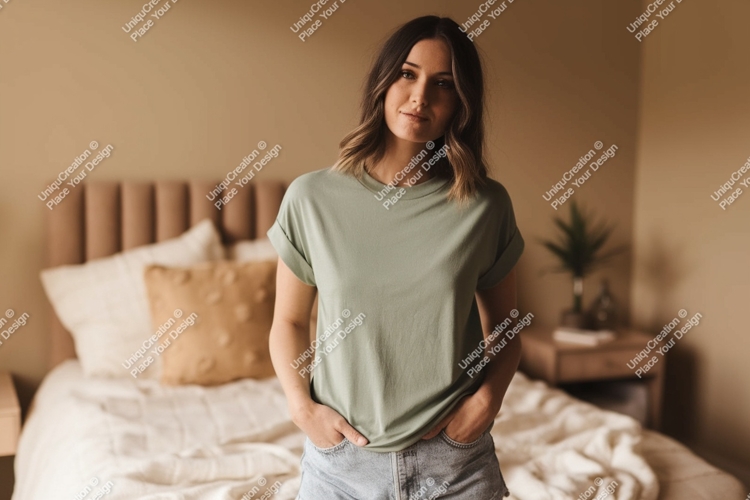 Woman wearing green t shirt and denim shorts t-shirt