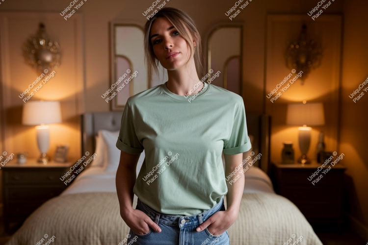 Woman wearing green t shirt mockup image