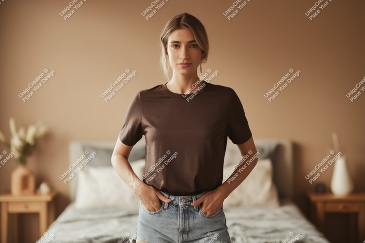 Woman wearing brown t shirt and denim shorts image