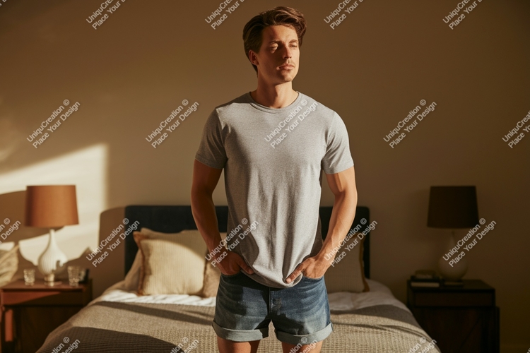 Man wearing grey t shirt denim shorts t-shirt