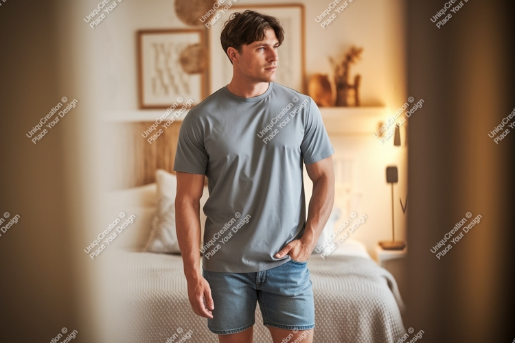 Man wearing grey t shirt denim shorts image